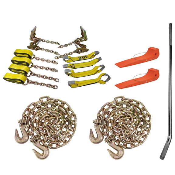 CDL Car Hauler Kit - (11) 14' 8 Point Tie Down System w/ Chain Ends, 28" Mini Winch Bar, (2) Tire Skates and (2) 3/8"x20' Chain w/ Grab Hooks