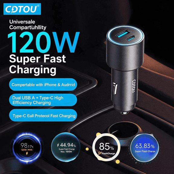 Cdtou 120W Dual Port Fast Car Charger, Mini Compact 38% Smaller USB-A & USB-C PD Multi Protocol Adapter with RGB Ambient Light, Black