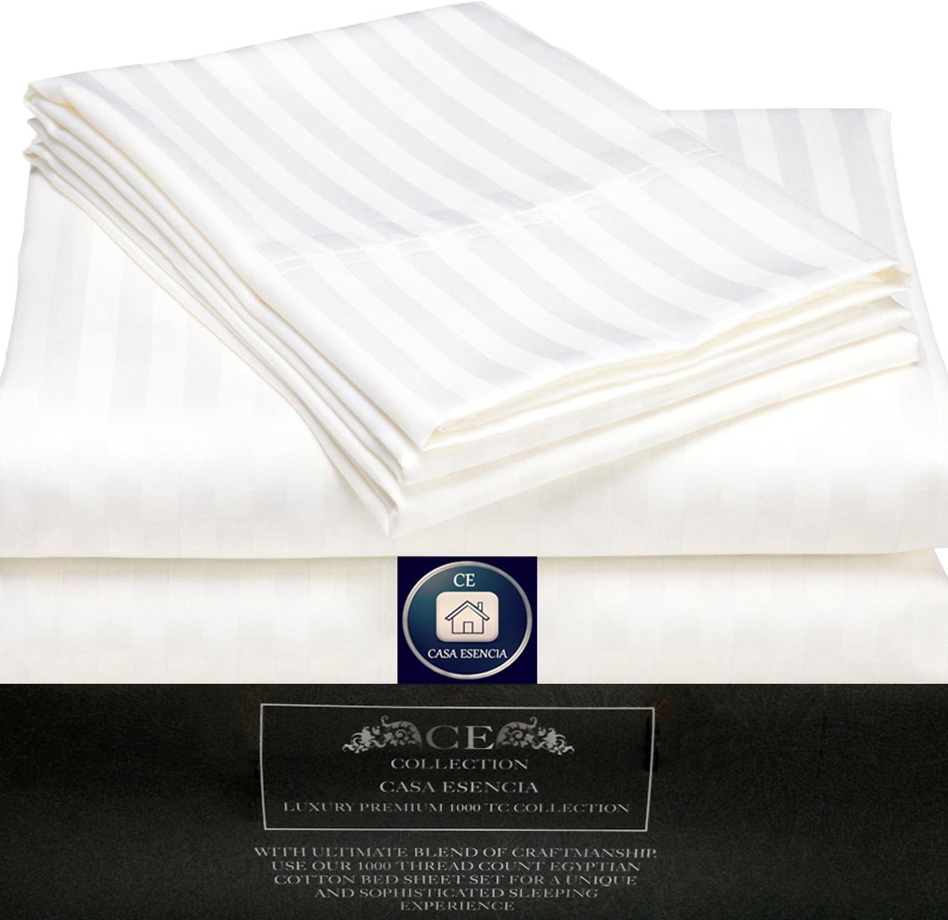 CE CASA ESENCIA 100% Egyptian Cotton Sheets King Size – 1000 Thread Count White Striped King Bed Sheet – 4 Piece Bedding Set - Extra Deep Pocket Fits Upto 17” – White Stripe Hotel Luxury Sheets