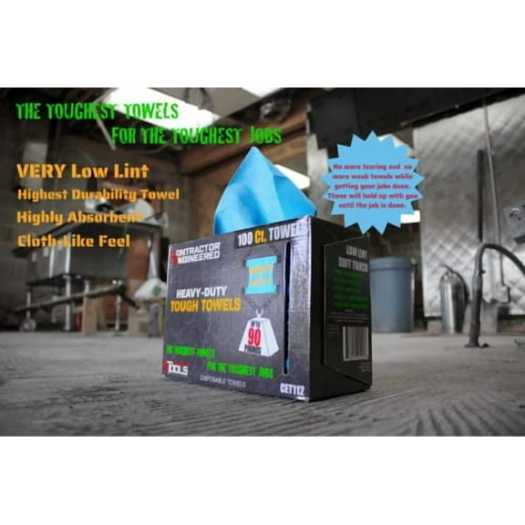 CE TOOLS Heavy-Duty Tough Towels, Blue Shop Towels, Disposable, High Durability, Very Low Lint, Made in USA, 100 Sheets, 9"x16.75"