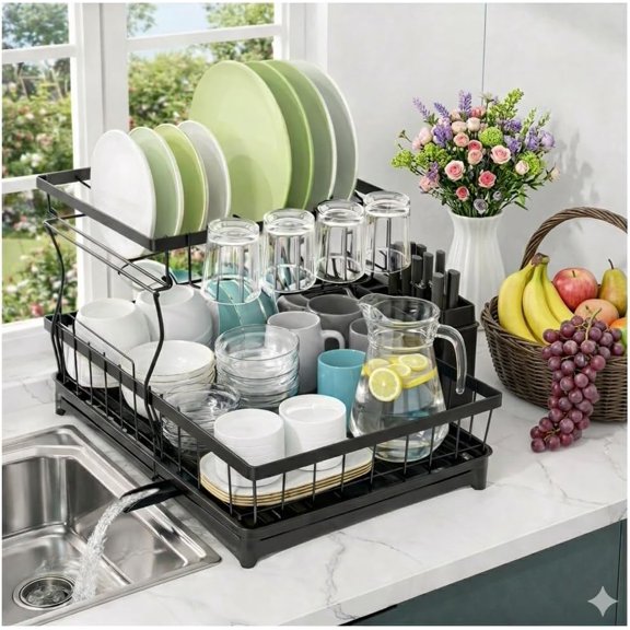 CEASIN 2 Tier Dish Drying Rack, Alloy Steel Dish Drainer for Kitchen Counter, Drainboard & Cup Holder, Anti-Rust & Space Saving, Utensil Holder, Black Dish Drying Rack, 44.5x31.8x11.7