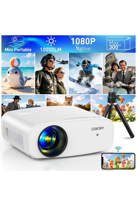 Mini Projector with 5G WiFi and Bluetooth, 4K Support 1080P Movie Projector (Projector Screen and Tripod Included), Portable Video Projector with HDMI/ USB/ Smartphone for Home Theater/Outdoor