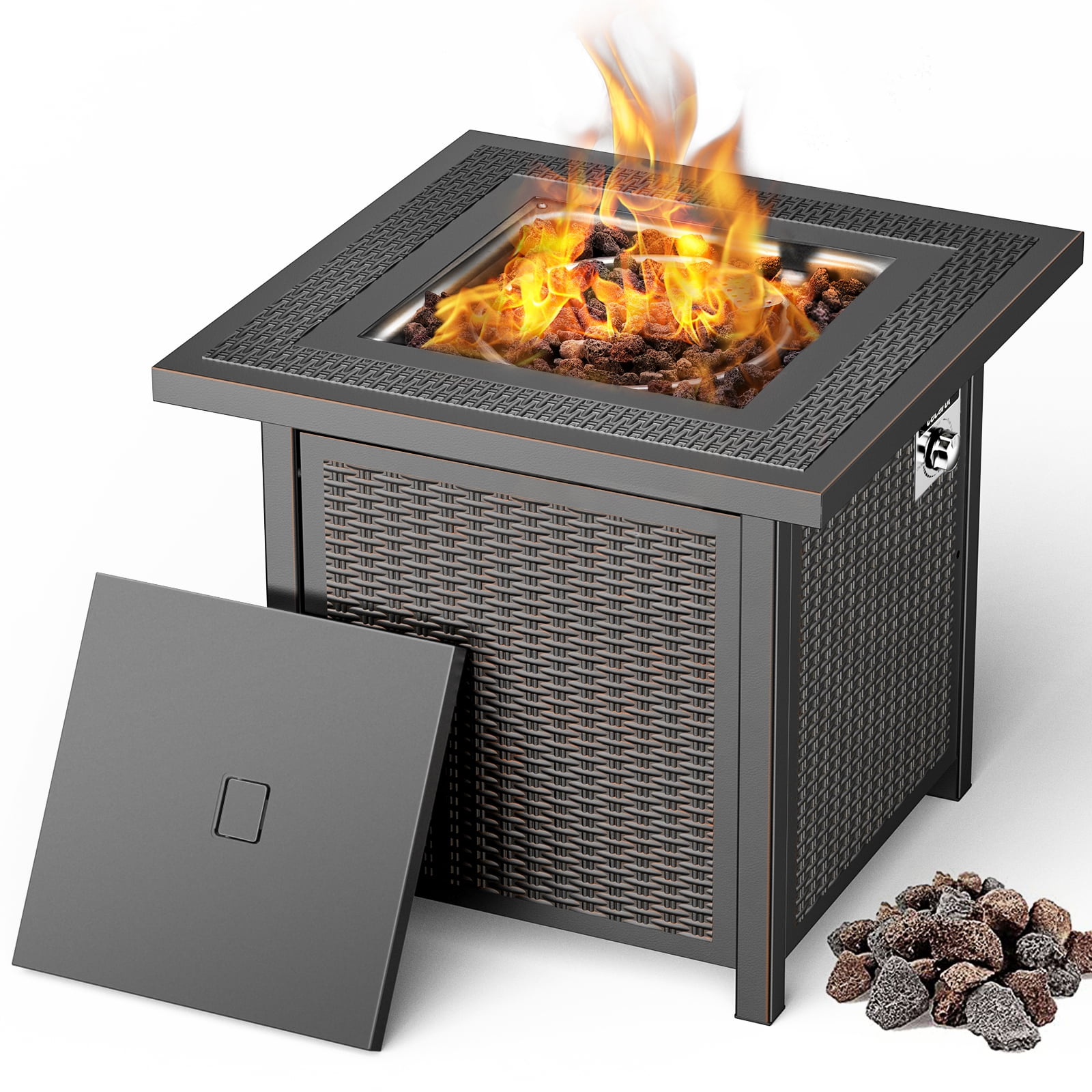 CECAROL 28 inch Gas Fire Pit Table, 50000 BTU with Flame-Out Protection, Lid and Lava Rocks