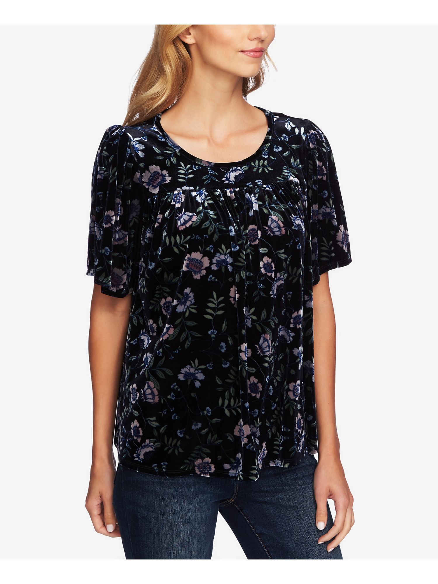 CECE Womens Black Floral Short Sleeve Top S - Walmart.com