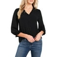 thumbnail image 1 of CECE Womens Black Ruffled Smocked Button Front 3/4 Sleeve V Neck Blouse M, 1 of 2