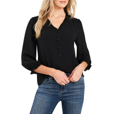 CECE Womens Black Ruffled Smocked Button Front 3/4 Sleeve V Neck Blouse M