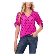 CECE Womens Pink Tie Curved Hem Polka Dot Short Sleeve V Neck Top S