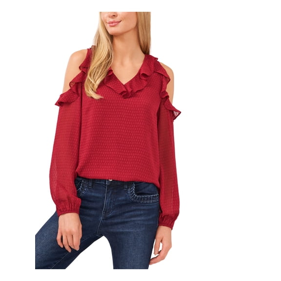 CECE Womens Red Ruffled Cold Shoulder Sheer Lined Long Sleeve V Neck Blouse XS