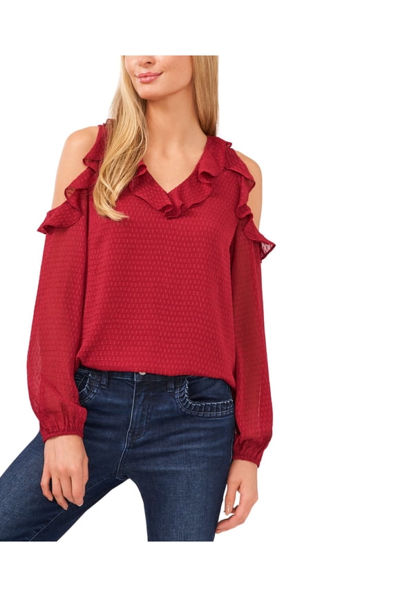 Womens Red Ruffled Cold Shoulder Sheer Lined Long Sleeve V Neck Blouse XS