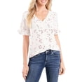 thumbnail image 1 of CECE Womens White Ruffled Textured Button Front Closure Floral Short Sleeve V Neck Wear To Work Blouse XS, 1 of 2