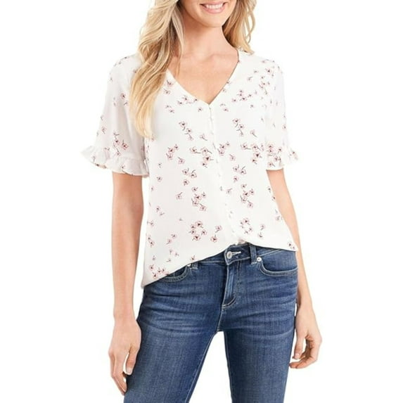 CECE Womens White Ruffled Textured Button Front Closure Floral Short Sleeve V Neck Wear To Work Blouse XS