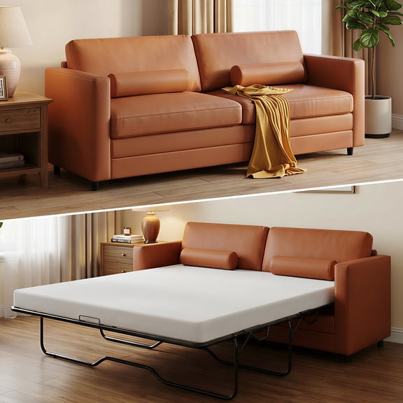 ZAFLY 2-in-1 Pull Out Sofa Bed, Loveseat Sleeper Sofa Bed with Mattress, Queen Size Pull Out Couch Bed for Apartment/Small Spaces - Cognac Tan