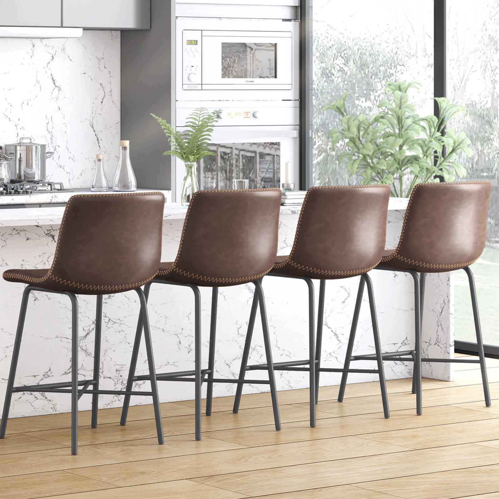 CECER 28" Bar Chairs Set of 4, Upholstered Faux Leather Barstools with
