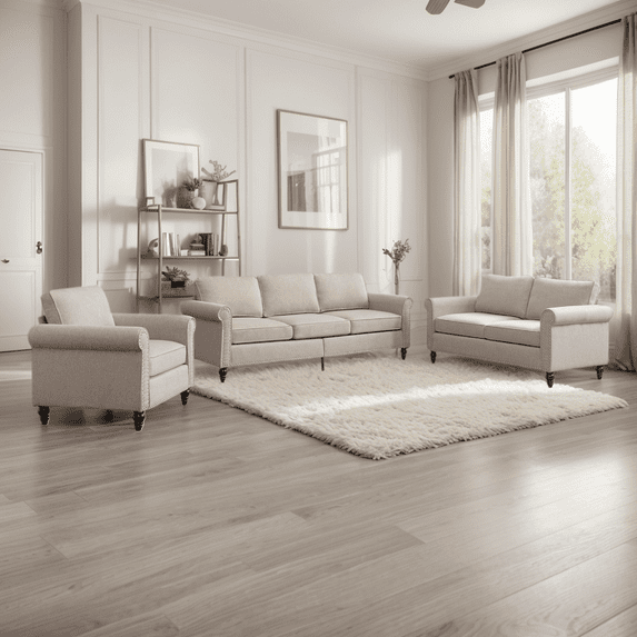 CECER 3 Pieces Living Room Sofa Set with Nailhead Trim,Linen Fabric Sectional Sofa and Couch Set for Living Room,Including 3-Seater Sofa,Loveseat and Armchair,Beige