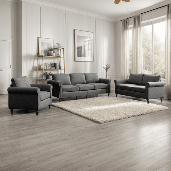 CECER 3 Pieces Living Room Sofa Set with Nailhead Trim,Linen Fabric Sectional Sofa and Couch Set for Living Room,Including 3-Seater Sofa,Loveseat and Armchair,Dark Grey