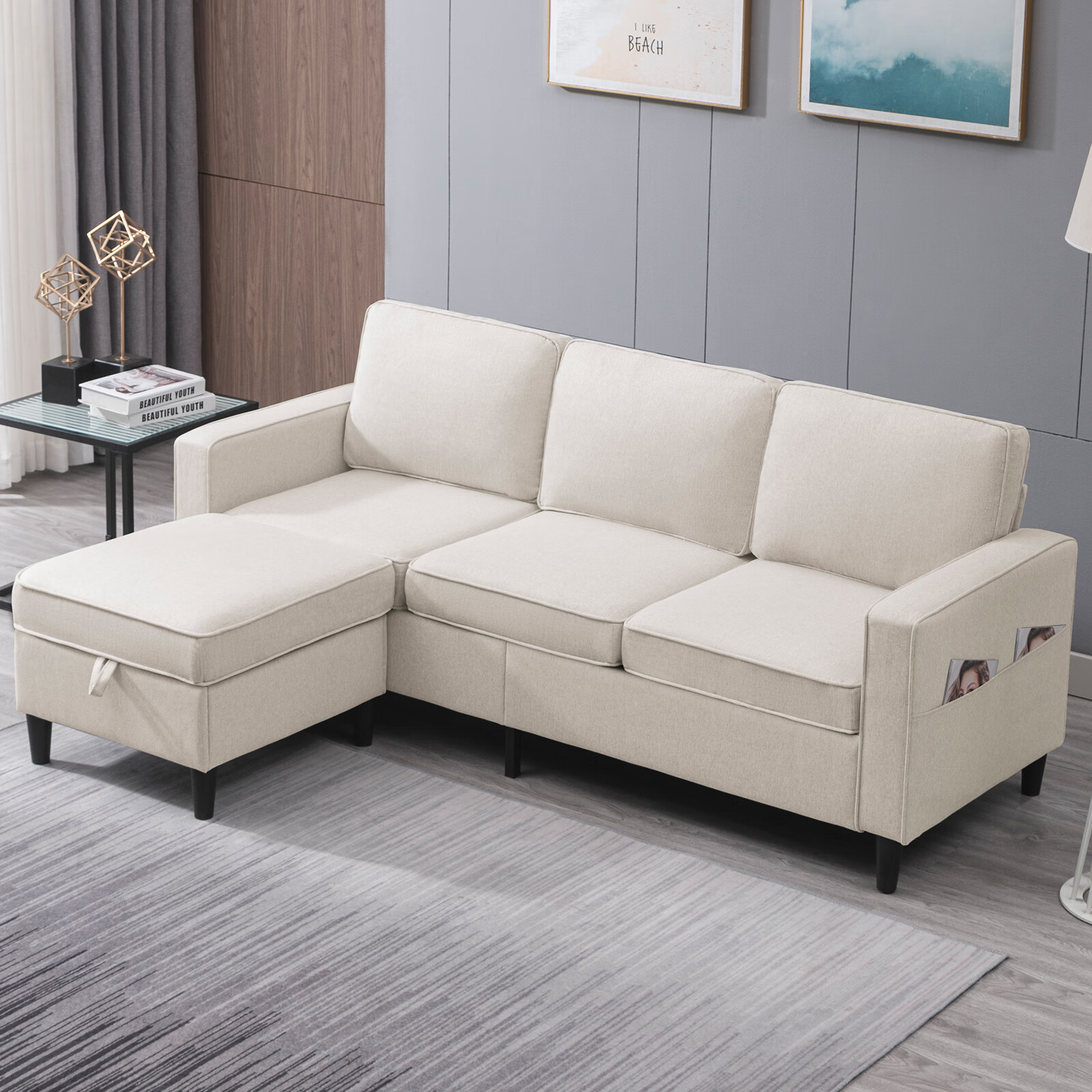 CECER 90"W Convertible LShaped Sectional Couch with Storage Ottoman