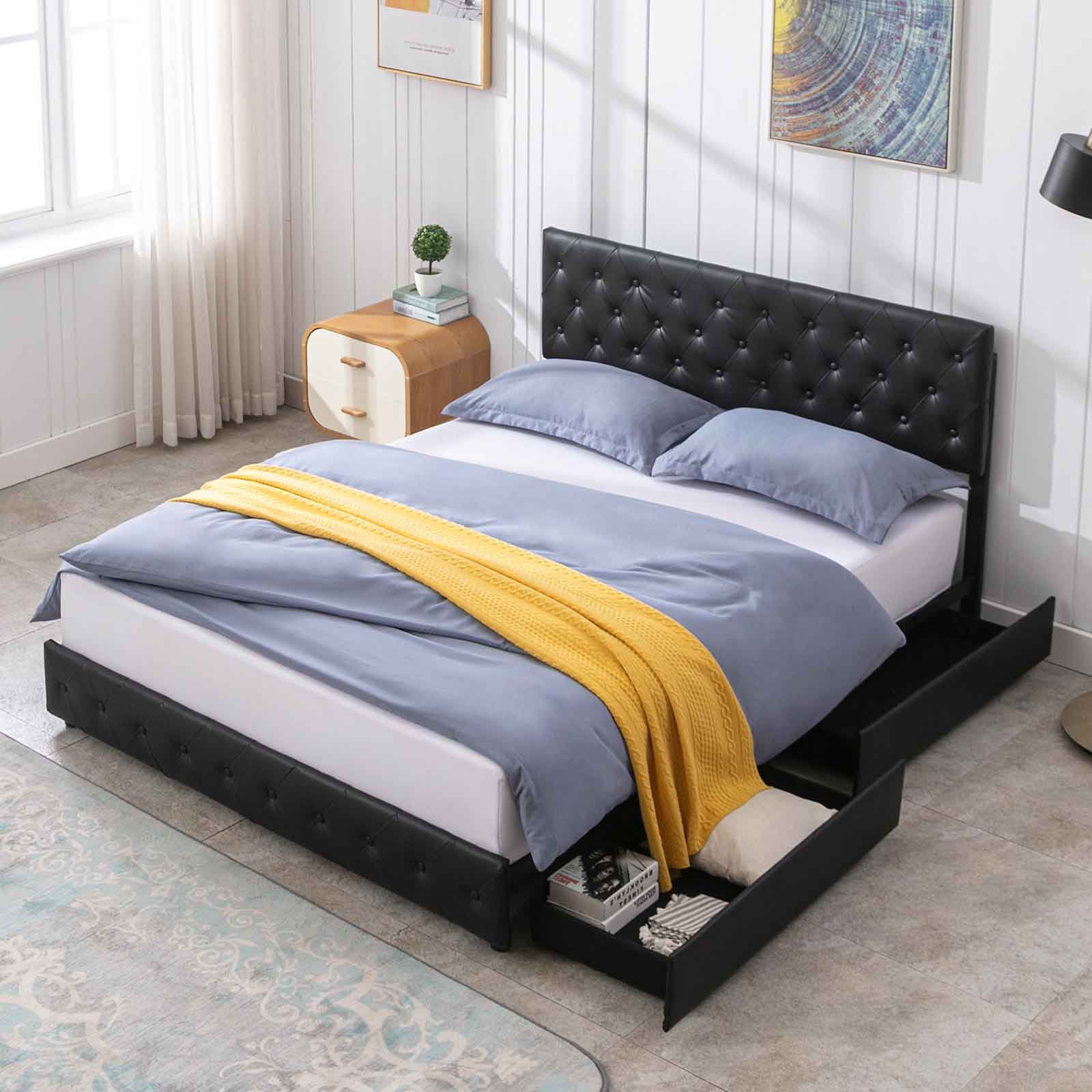 CECER Upholstered Cal King Bed Frame with 4 Storage Drawers, Adjustable