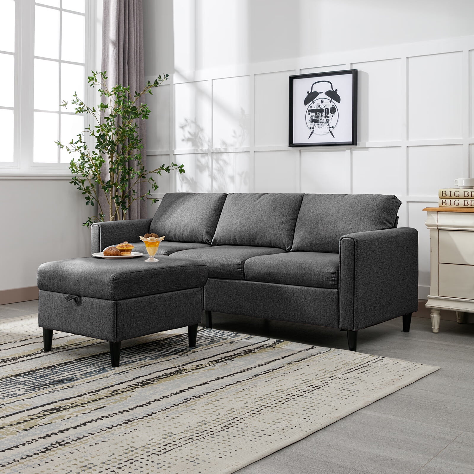 CECER Convertible Sectional Sofa Couch Set 3 Seat L Shaped Sofa Couch with Flexible Storage Ottoman Chaise- Dark Grey