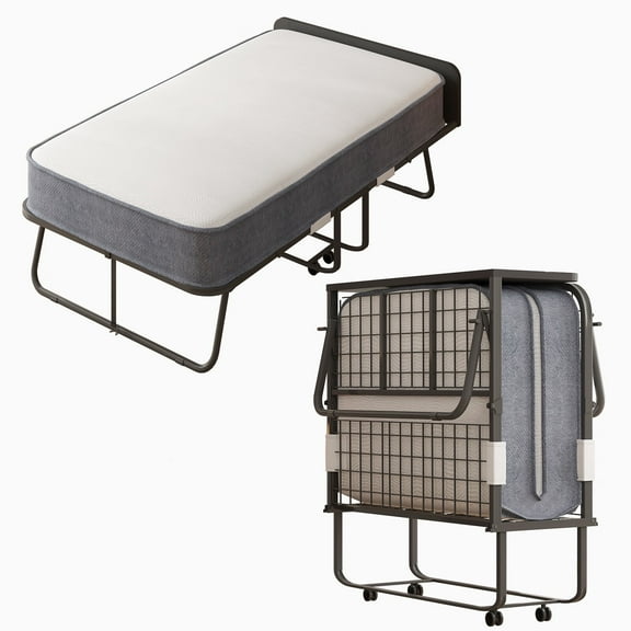 CECER Folding Bed w/ 5" Memory Foam Mattress & Headboard, 75"×31" Twin Size Rollaway Bed,Metal Frame Guest Bed Dust Cover Included