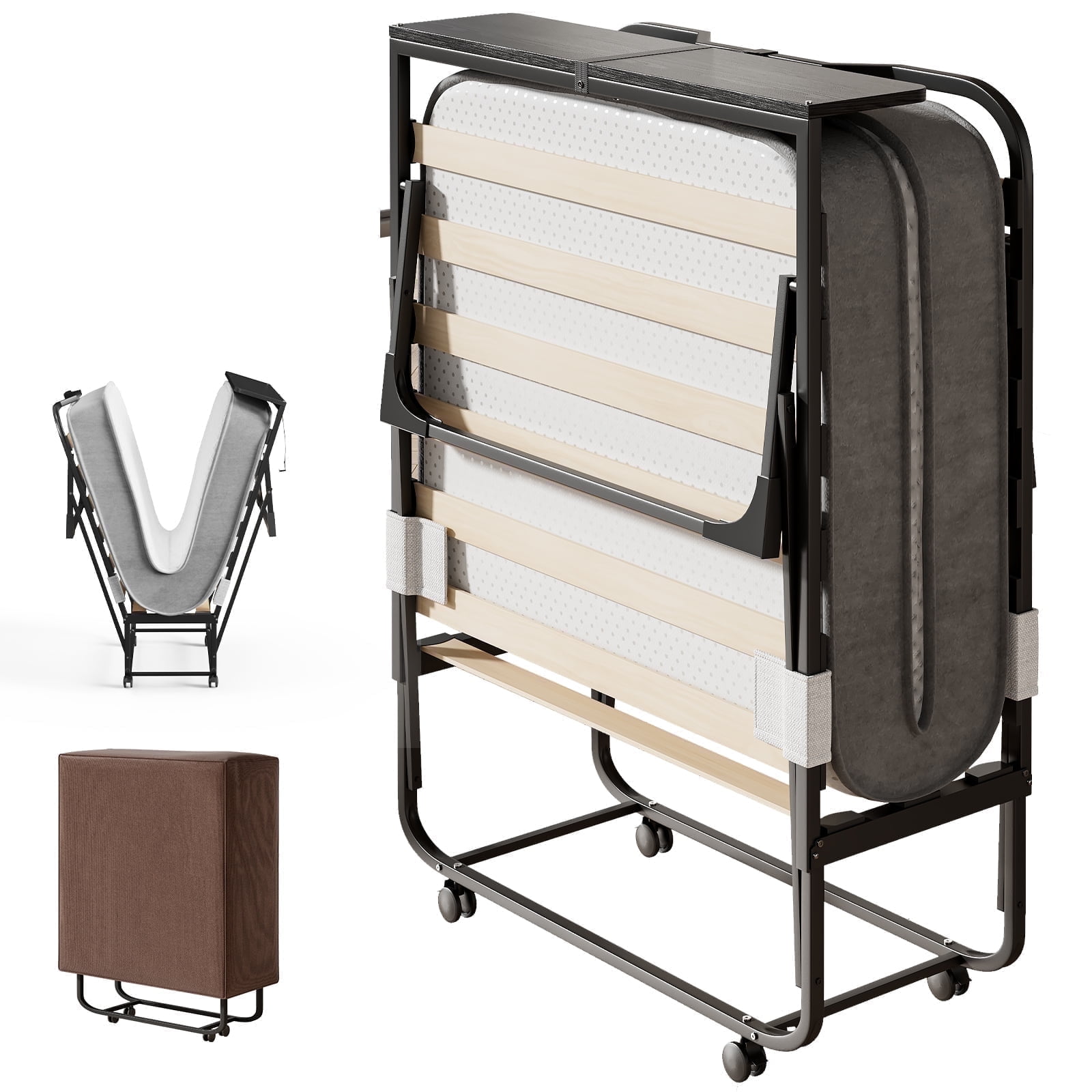 CECER Folding Bed with Mattress for Adults, Rollaway Portable Beds with Headboard and 5"Foam for Guest