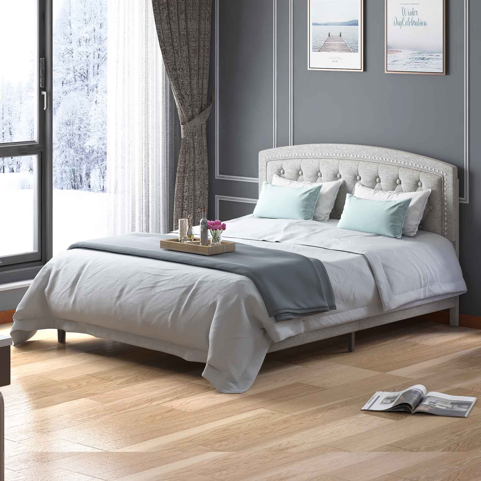 CECER King Size Bed Frame with Adjustable Height Headboard, Upholstered