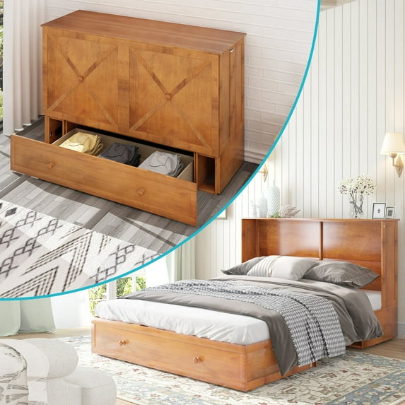 CECER Murphy Bed Chest, Cabinet Bed with Trifold Foam Mattress, Queen Murphy Cube Cabinet Bed with USB Charging Station and Large Storage Drawers for Bedroom/Office-Cherry