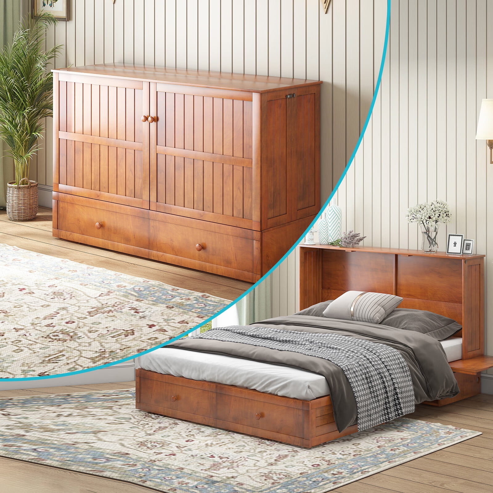 CECER Murphy Bed Chest, Bed with Trifold Foam Mattress, Queen