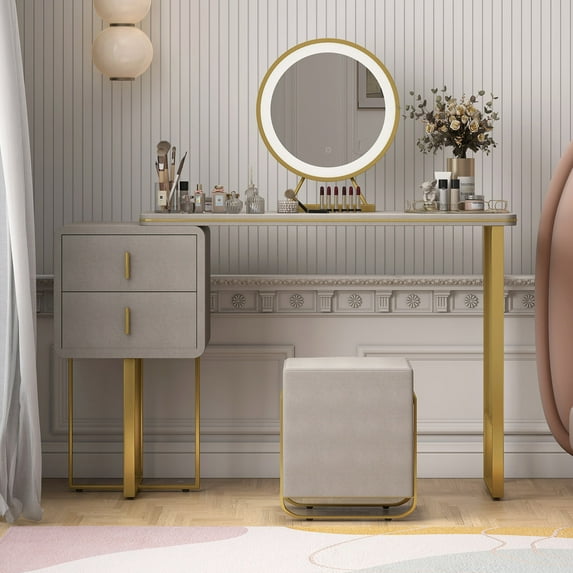 CECER Vanity Desk, Modern Dressing Table with Convertible Cabinet & Drawers for Storage, Touch Screen Mirror with 3 colors Lighting, Makeup Vanity, Makeup Desk with Stool for Bedroom