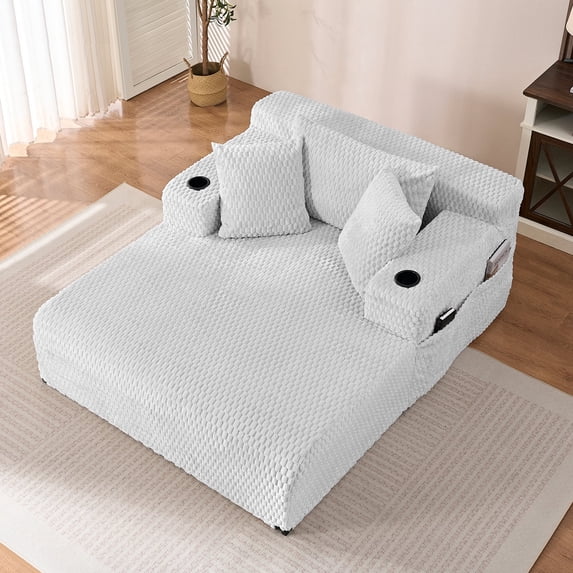 ZAFLY 55”w Oversized Chaise Lounge Indoor, Corduroy Cloud Chair with 3 Pillows, Big Comfy Chair with Cup Holder - Gray