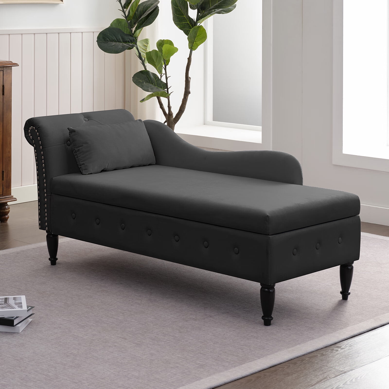 CECER Velvet Chaise Lounge Chair, Indoor Recliner with Storage - Dark ...