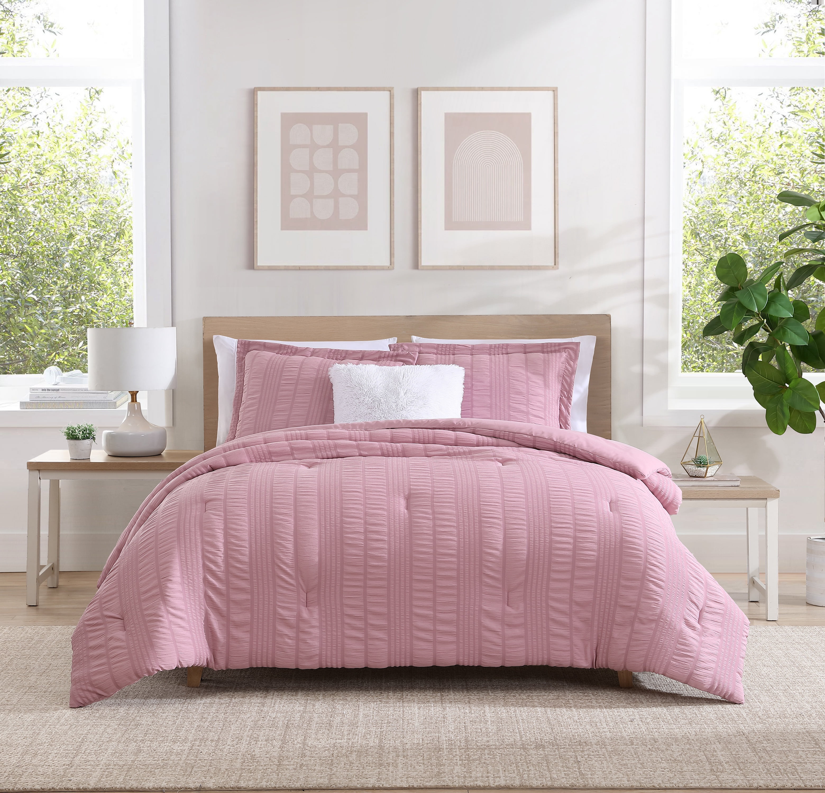 CEDAR COURT Morgan Textured Seersucker Stripe Rose 2-Piece Soft Polyester Seersucker Comforter Set - Twin