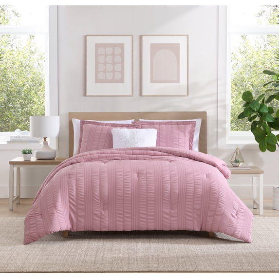 CEDAR COURT Morgan Textured Seersucker Stripe Rose 3-Piece Soft Polyester Seersucker Comforter Set - King