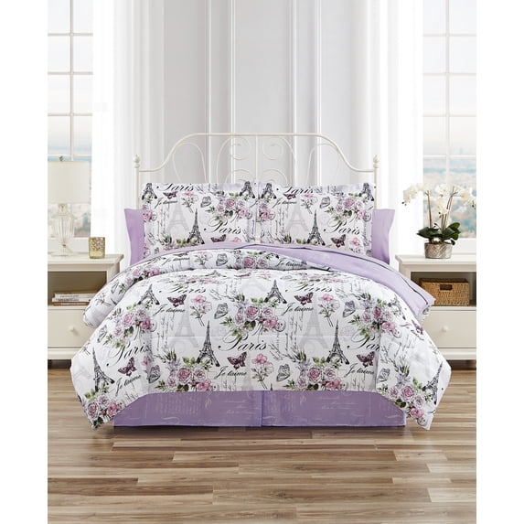CEDAR COURT Paris Floral Lilac Ultra Soft Microfiber 6 Piece Reversible Comforter Bedding Set - Twin