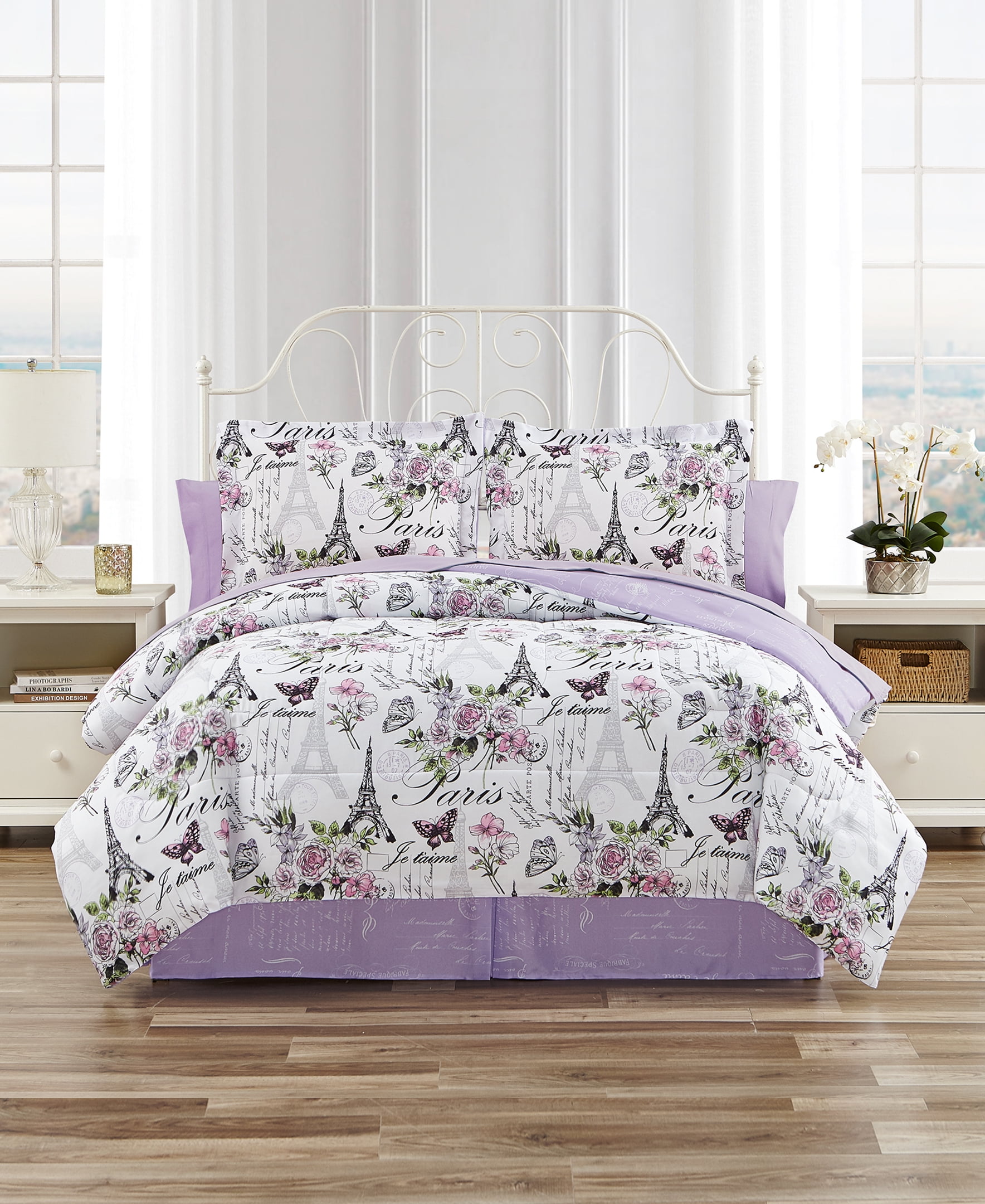 CEDAR COURT Paris Floral Lilac Ultra Soft Microfiber 8 Piece Reversible Comforter Bedding Set - Full