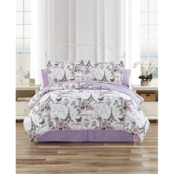 CEDAR COURT Paris Floral Lilac Ultra Soft Microfiber 8 Piece Reversible Comforter Bedding Set - King