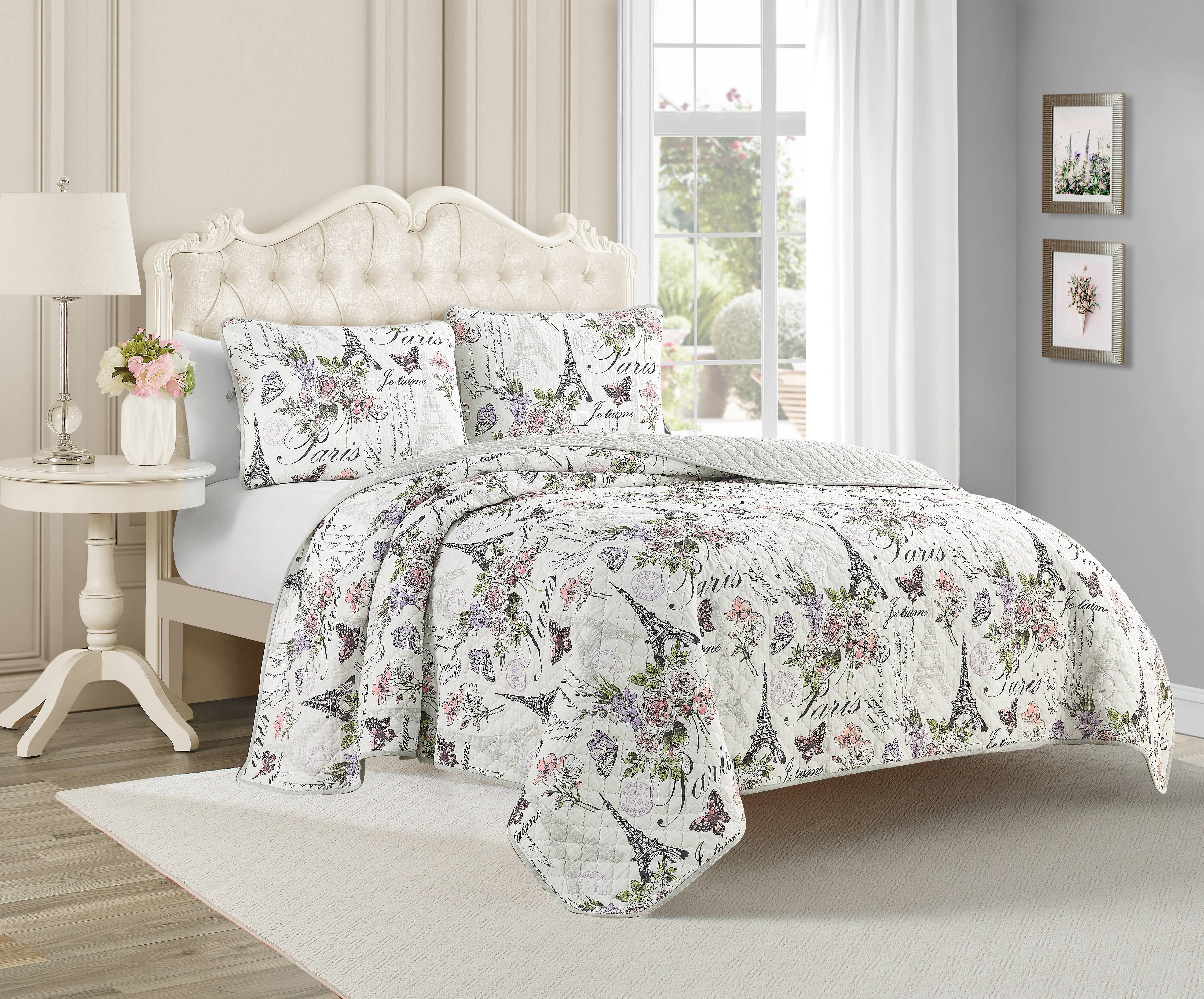 Gray and White Paris Floral Reversible Cotton Twin Quilt Set