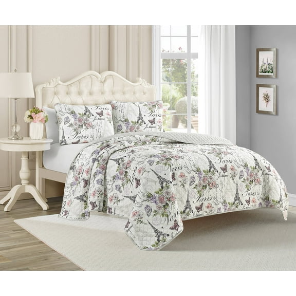 CEDAR COURT Paris Floral Pink 2-Piece All-Season Reversible Cotton Quilt Set - Twin