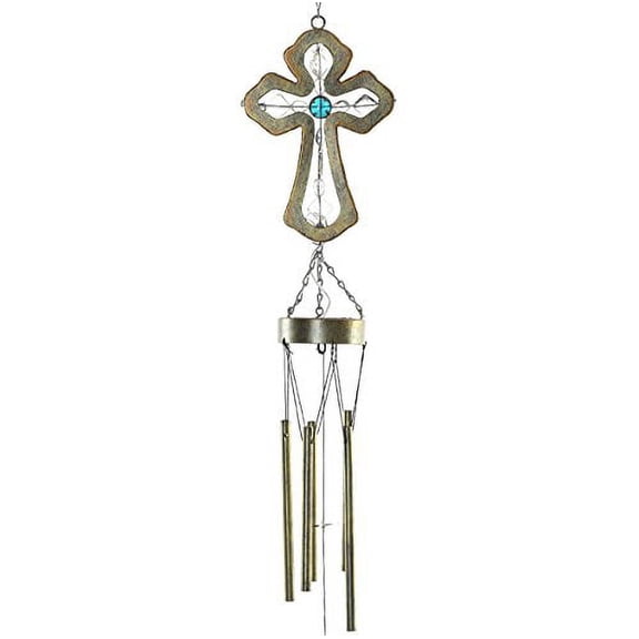 CEDAR HOME Solar Wind chime Unique Outdoor Indoor Hanging Mobile Bell WindChime Light Inspirational Religion Cross for Garden Lawn Yard Patio Waterproof Metal Glass Home Decor, 5.5"W x 3.5"D x 33"H