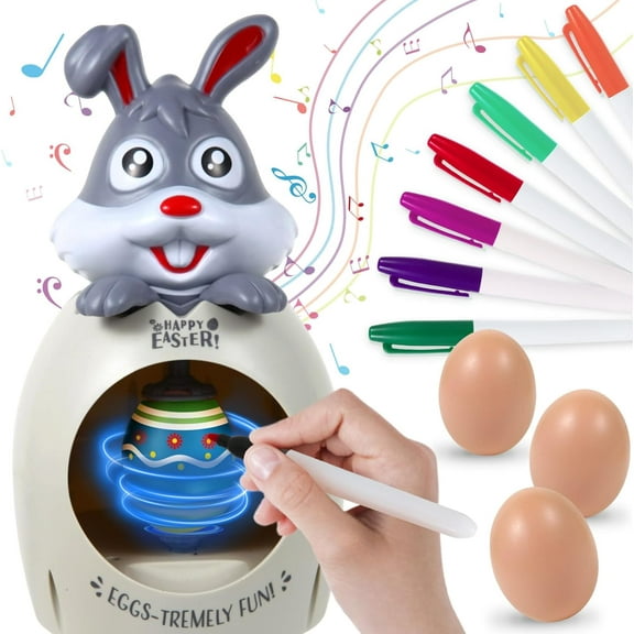 CEDQ Easter Egg Decorator Kit - Bunny Decorating Spinner Arts and Crafts Set with Music and Light, DIY Easter Eggs Coloring Kit with 3 Eggs & 8 Colorful Markers, Easter Gift for Kids Boys Girls Party
