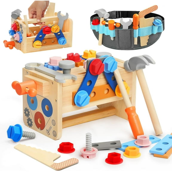 CEDQ Kids Tool Set Toys with Belt,Wooden Toddler Tool Bench Montessori Toys for Baby,39 PCS Learnin Educational STEM Construction Toys for 3 4 5 6Years Old Boy Girl,Birthday Christmas Gift for Kids