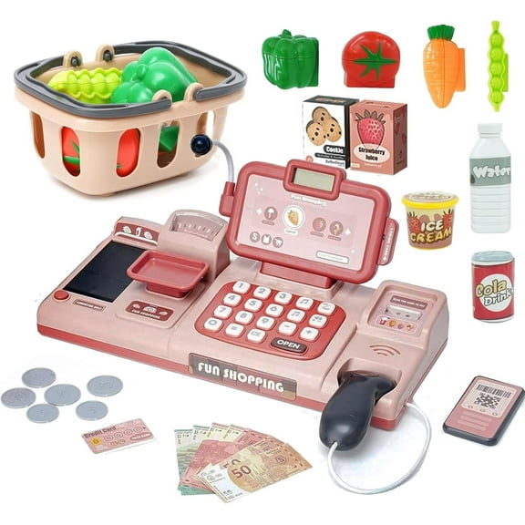 CEDQ Pretend Play Calculator, Cash Register Toy with Sound, Microphone, Scanner, Credit Card and Carrying Belt, Classic Food Counting Toy, Preschool Gift for Kids