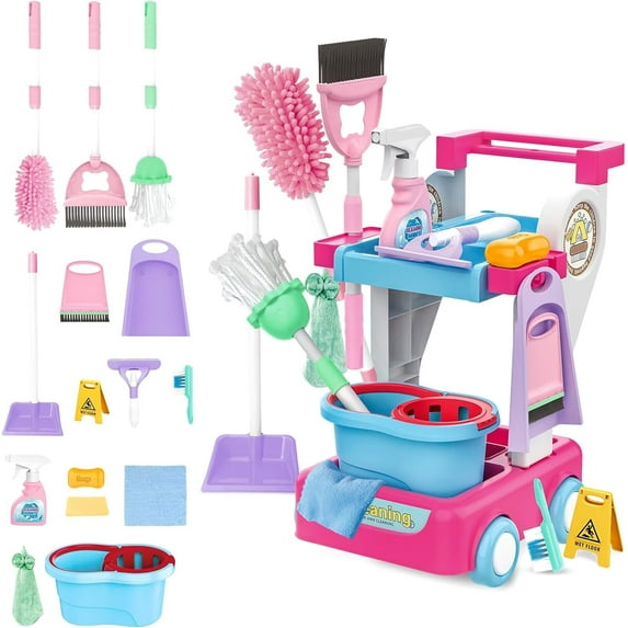 CEDQ Toddler Cleaning Set, 17 Pieces Detachable Cleaning Cart with Broom, Dust Pan, Spray Bottle, House Cleaning Tools for Kids, Broom and Dustpan