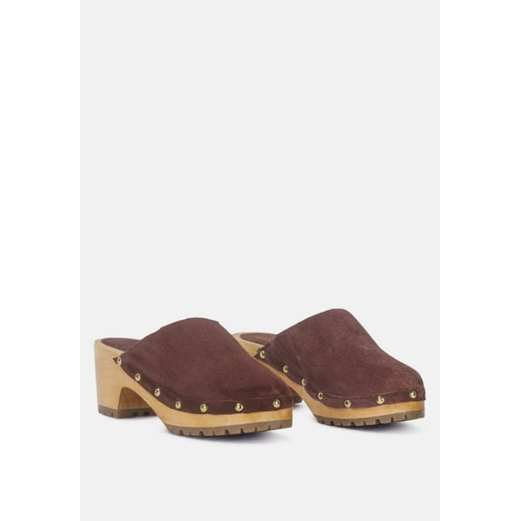 CEDRUS Fine Suede Studded Clogs Mules in Brown