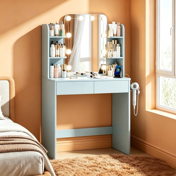 CEEIF 31.5" Blue Vanity Desk with Mirror and 3 Color Lights, Small Makeup Vanity Set with Power Outlet & Hairdryer Rack for Small Spaces