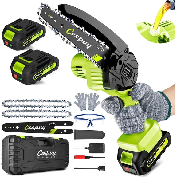 CEEPUY Mini Chainsaw Cordless,6 Inch Portable Electric Chainsaw with 2 Batterys/Automatic Oiler/Security Lock/Powered Small Handheld Saw for Trees Branches Trimming,Gifts for Father Men Dad Husband