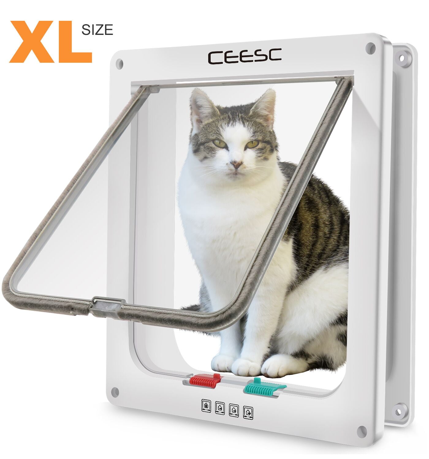 CEESC Extra Large Cat Door (Outer Size 11" x 9.8"), 4 Way Locking Cat Door for Interior Exterior Doors, Weatherproof Pet Door for Cats & Doggie with Circumference < 24.8" (White)