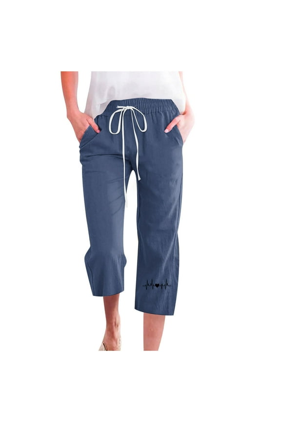 Drawstring Pants Women Petite Short Cropped Trousers Womens Capris for Summer Cotton Linen Navy