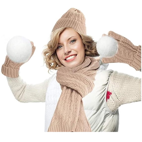 CEHVOM Hat Gloves Scarf Set Women's Warm Woolen Hat Long Scarf 3-In-1 Winter Thick