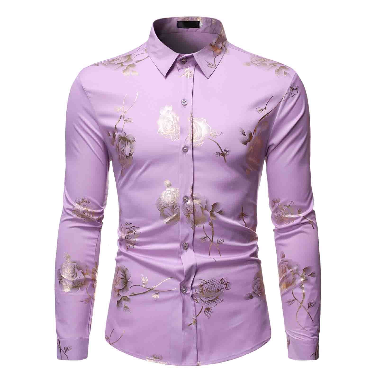 ZEROYAA Men's Shiny Gold 3D Rose Print Party Dress Shirt - Slim Fit Button Down (Black Purple, Small) - View #3