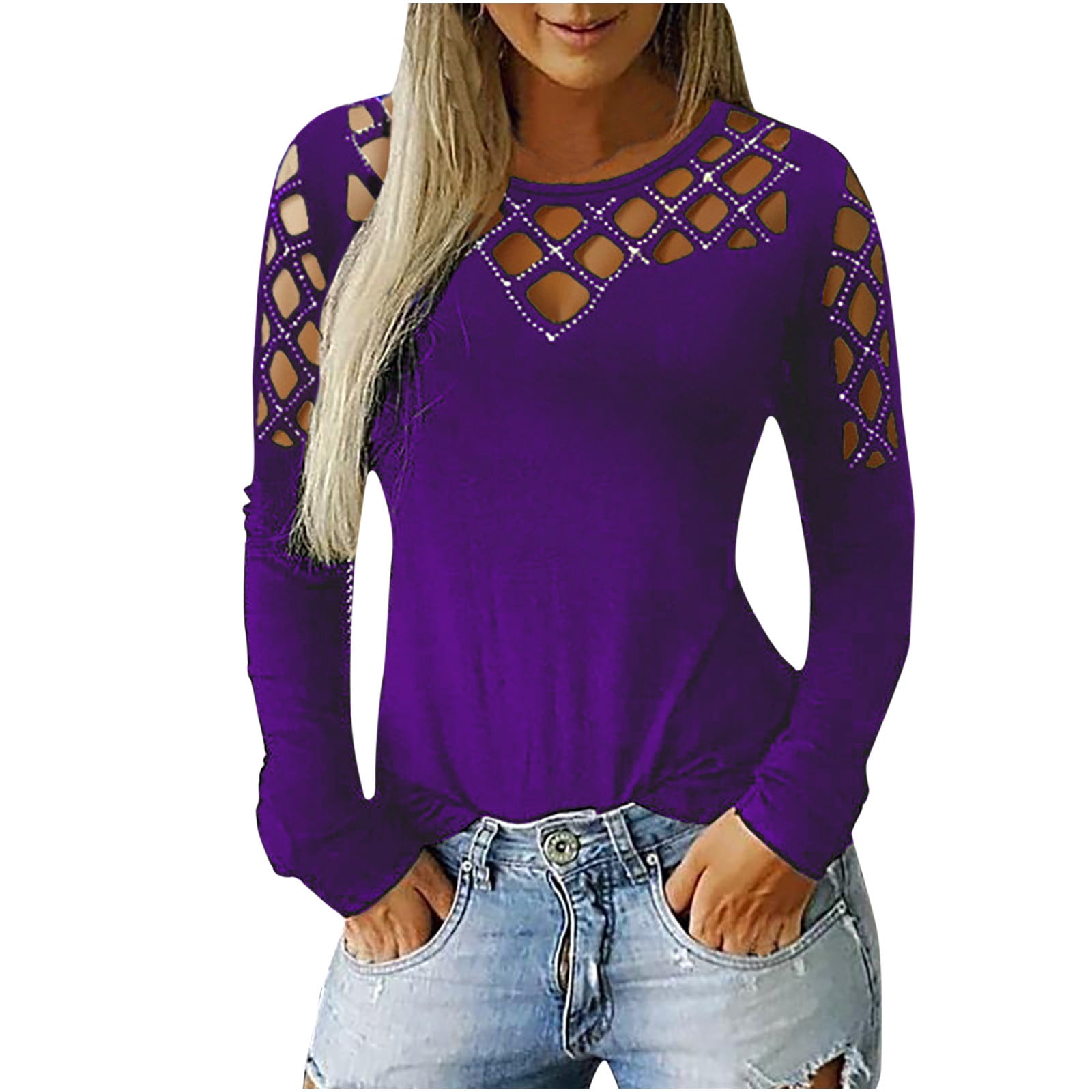CEHVOM Plus Size Tops for Women Plus Size Womens Casual O-Neck Tops Long  Sleeve Cut Hollow Out Blouse T-Shirt